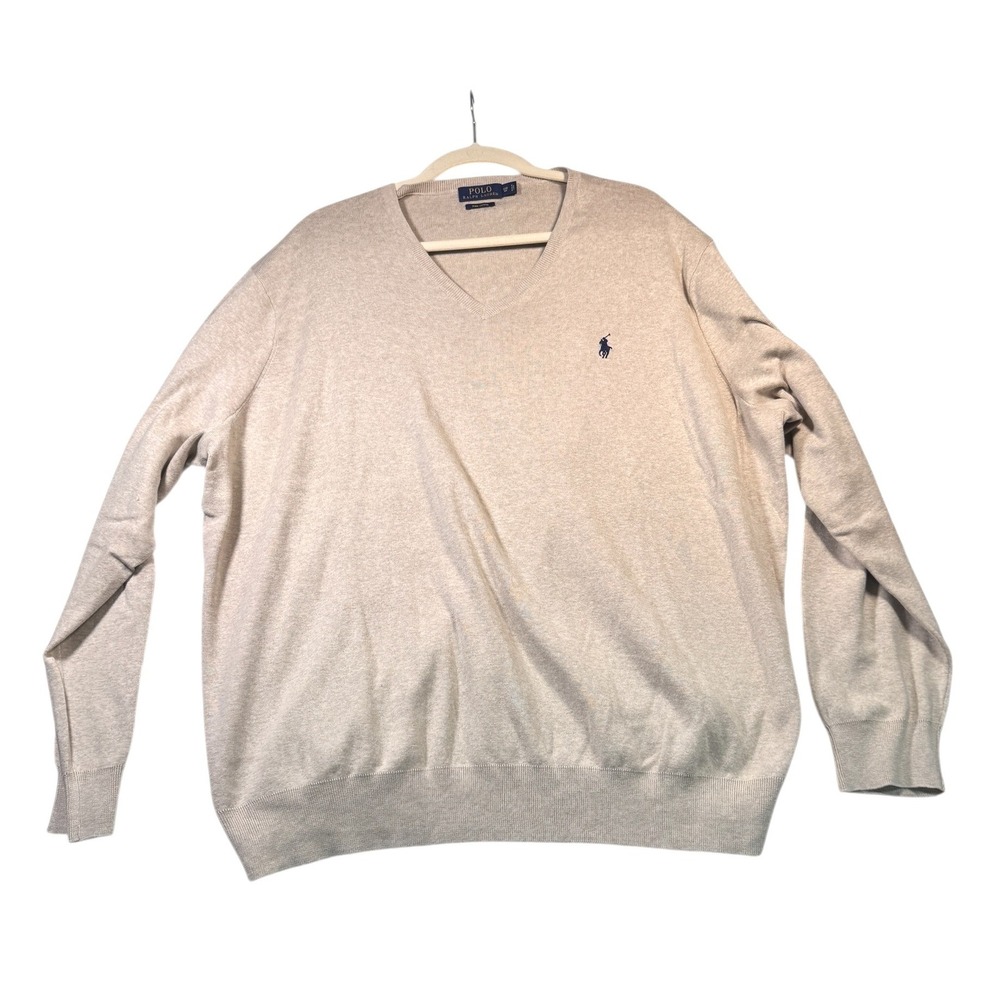 Polo Ralph Lauren Men V Neck Sweater 3XB Big Tall Beige Pima Cotton Long Sleeve